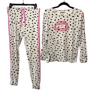Joan Vass Polka Dot‎ Kiss Pajamas with Pink Stripe Accents Size L